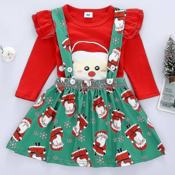 Christmas Baby Girl Red & Green Printed Santa Top & Skirt Size 18 - 24 Months - Picture 2 of 7